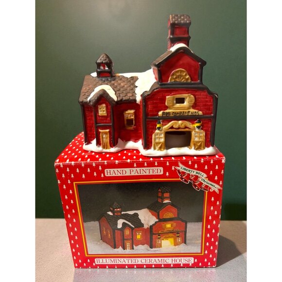 Hand Painted Illuminated Ceramic Firehouse Christmas Village Decor Liberty Bell - Picture 1 of 8